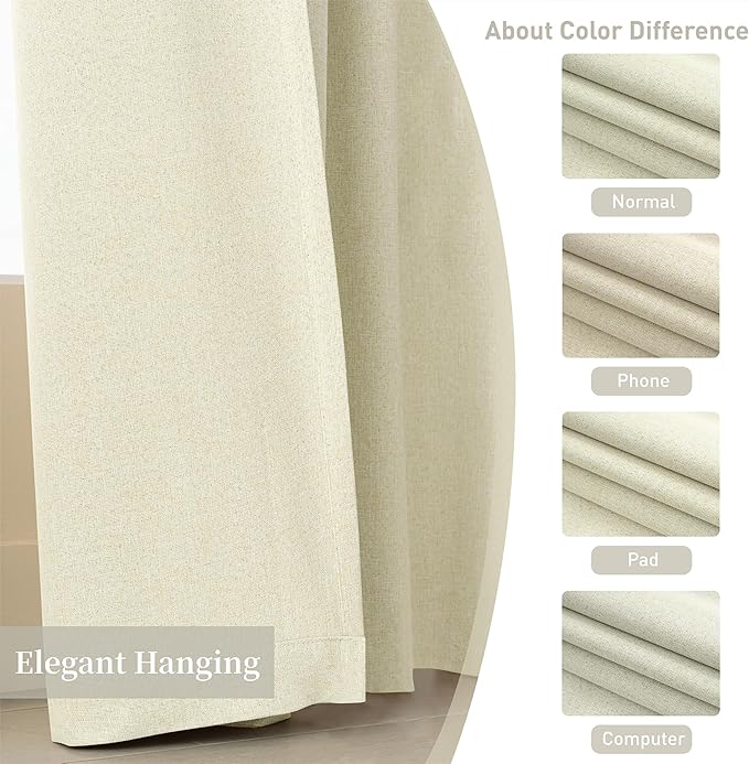 KangBang 102 Inches Long Cream Blackout Linen Curtains, Back Tab Rod Pocket Pleated UV Protection Curtains for Bedroom, Aesthetic Viral Drapes 2 Panels for Hotel Office,52x102