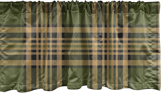 Lunarable Plaid Window Valance, Tartan Pattern in Autumn Tones Old Fashioned Design Country Illustration, Curtain Valance for Kitchen Bedroom Decor with Rod Pocket, 54" X 12", Olive Green
