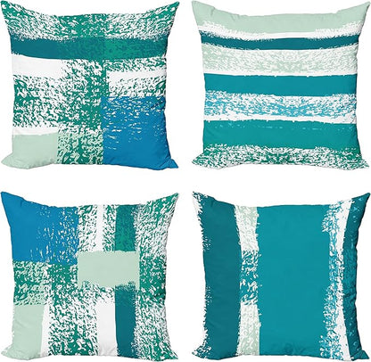 Ambesonne Grunge Throw Pillow Cushion Case Pack of 4, Abstract Design Simplistic Minimal Stripes Brushstrokes Contemporary, Modern Accent Double-Sided Digital Printing, 16", Teal Blue and Mint Green