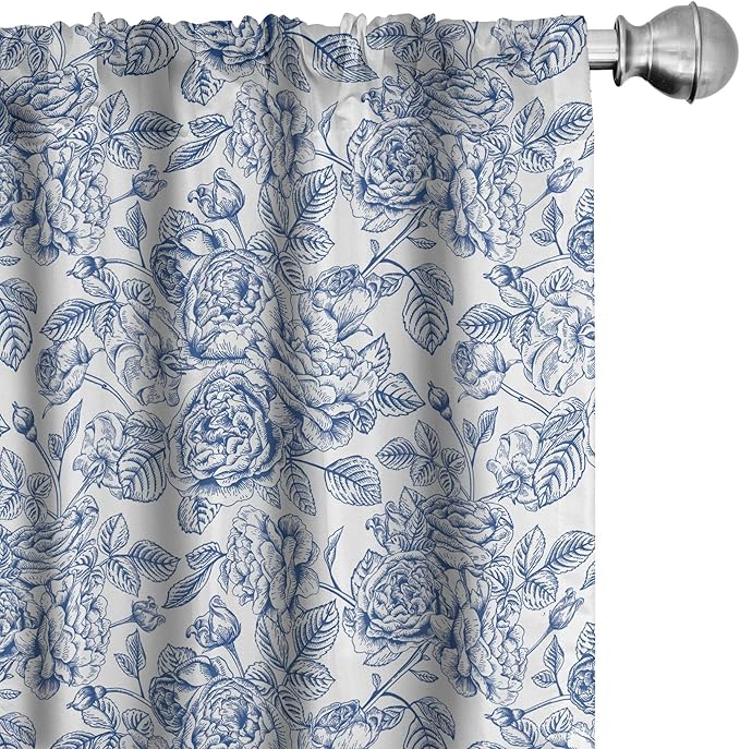 Ambesonne Rose Window Curtains Pack of 2, Vintage Design of Monochromatic Flowers with Leaves Drawing, Lightweight Set with Rod Pocket, 4 Panels of - 28" x 84", Pale Blue