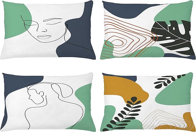 Ambesonne Minimal Throw Pillow CushiCase Pack 4, Modern Line Art Woman Portrait Contemporary Leafy Geometric Details, Modern Accent Double-Sided Digital Printing, 20" x 12", Sea Green Slate Blue