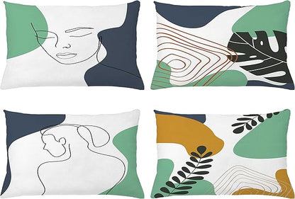 Ambesonne Minimal Throw Pillow CushiCase Pack 4, Modern Line Art Woman Portrait Contemporary Leafy Geometric Details, Modern Accent Double-Sided Digital Printing, 20" x 12", Sea Green Slate Blue