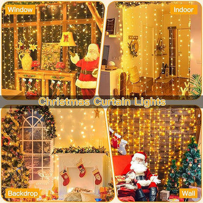Ollny Curtain Lights 6.6x6.6ft, 200 LED String Lights with Remote 8 Modes Dimmable Timer, USB Power Fairy Light for Bedroom Backdrop Indoor Wall Window Christmas Decorations, Warm White