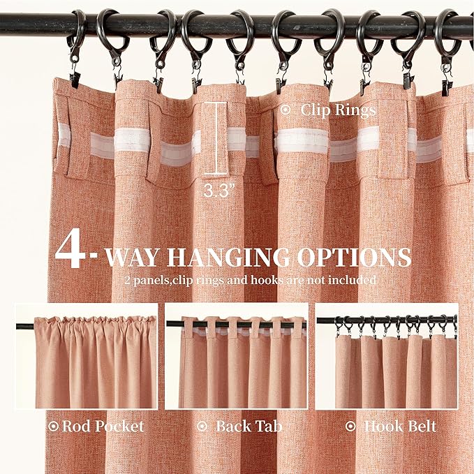 KangBang Light Coral Blackout Linen Curtains 96 Inches Long for Living Room Girls Nursery, Back Tab Hook Belt Rod Pocket Black Out Light Blocking Drapes, Farmhouse Curtains with Clip Rings, Salmon