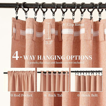 KangBang Light Coral Blackout Linen Curtains 96 Inches Long for Living Room Girls Nursery, Back Tab Hook Belt Rod Pocket Black Out Light Blocking Drapes, Farmhouse Curtains with Clip Rings, Salmon