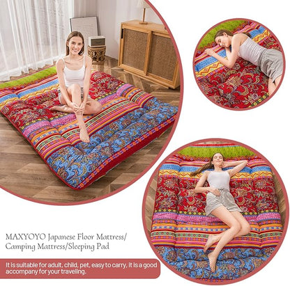 MAXYOYO Bohemian Retro Floor Mattress Vintage Floral Japanese Futon Mattress Roll Up Thicken Sleeping Bed Portable Camping Mattress Floor Lounger Couch Bed Mattress Pad, Twin Size