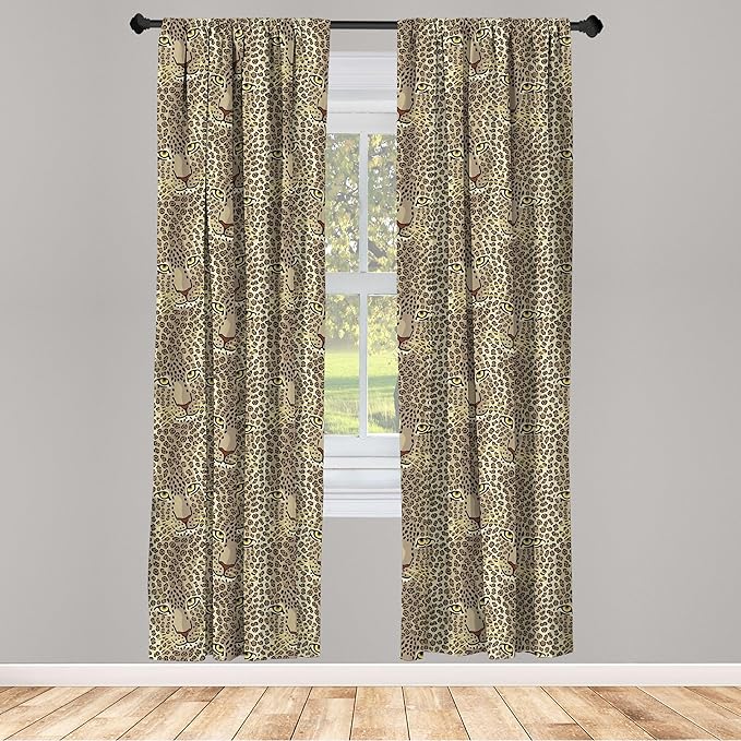 Ambesonne Leopard Print Curtains, Repetitive Cartoon Leo Wild Big Cat Faces in Natural Earthy Tones, Window Treatments 2 Panel Set for Living Room Bedroom, Pair of - 28" x 63", Tan