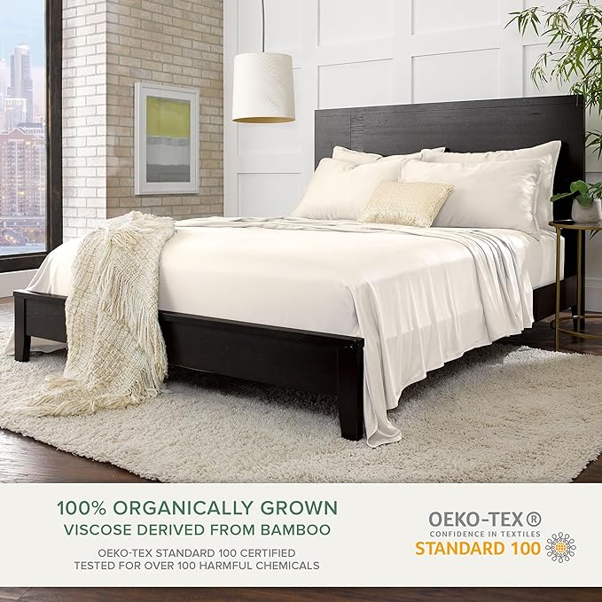 Full Sheets by Pure Bamboo, Genuine 100% Organic Viscose Derived from Bamboo Bed Sheet Set, Luxuriously Soft & Cooling, Double Stitching, Lifetime Quality Promise (Full, Ivory)