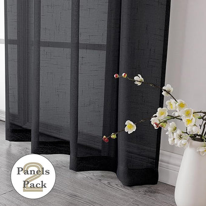 Aiyufeng Black Sheer Curtains, 72 inches Long 2 Panels, Fresh Textured Semi Sheer Linen Breathable Elegant Door Curtains & Drapes for Farmhouse/Living Room/Kitchen, 40Wx72L inch