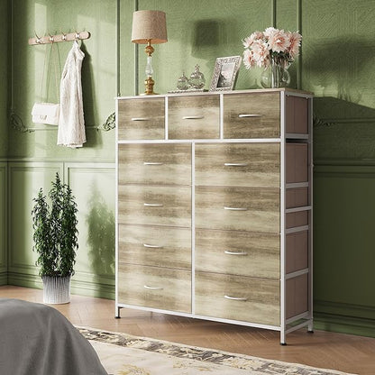 WLIVE Storage Organizer Unit with 11 Fabric Bins, Storage Drawers Organizer with Steel Frame, Tall Storage Tower Organizaton for Living Room, Hallway, Office, Greige