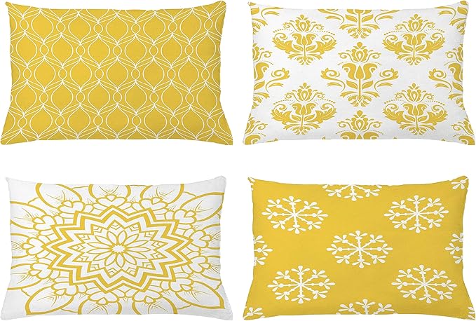 Ambesonne Retro Throw Pillow Cushion Case Pack of 4, Trellis Grid Medieval Floral Damask Mandala Flower Ornament in Modern Monochrome, Modern Accent Double-Sided Printing, 20" x 12", Earth Yellow