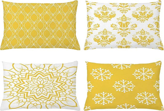 Ambesonne Retro Throw Pillow Cushion Case Pack of 4, Trellis Grid Medieval Floral Damask Mandala Flower Ornament in Modern Monochrome, Modern Accent Double-Sided Printing, 20" x 12", Earth Yellow