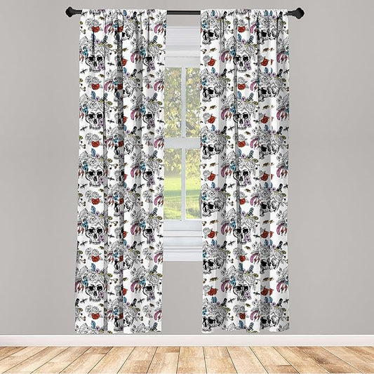 Ambesonne Gothic Window Curtains, Day of The Dead Inspired Human Skulls Design with Colorful Flowers Mexican Tradition, Lightweight Decor 2-Panel Set with Rod Pocket, Pair of - 28" x 84", Black Red