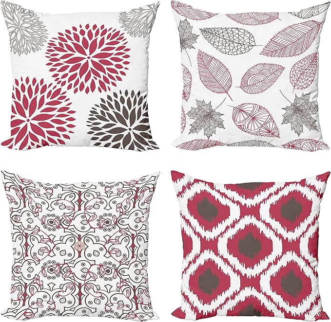 Ambesonne Vintage Throw Pillow Cushion Case Pack of 4, Bohemian Ornamental Leaves Dahlia Pattern Geometric Art Curlicue Motif, Modern Accent Double-Sided Digital Printing, 16", Raspberry Taupe White