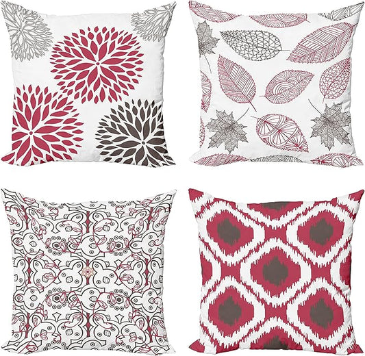 Ambesonne Vintage Throw Pillow Cushion Case Pack of 4, Bohemian Ornamental Leaves Dahlia Pattern Geometric Art Curlicue Motif, Modern Accent Double-Sided Digital Printing, 24", Raspberry Taupe White