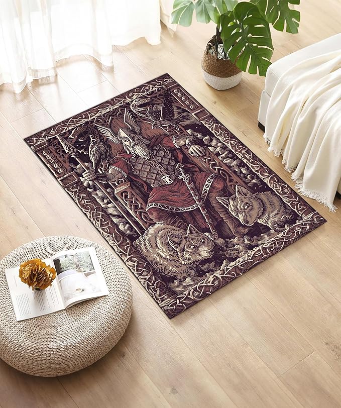 Nordic Rug, Mythological Carpet, Scandinavian Decor, Viking Drakkar Symbols, Compass Rug, Valknut Norse Mythology Viking, Ansuz Carpet np550 (39X55inch//100x140Cm)