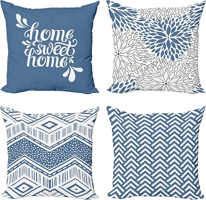 Ambesonne Geometric Throw Pillow Cushion Case Pack of 4, Home Phrase Minimal Zigzag Squama Dahlia Flower Petals Chevron Tribal, Modern Accent Double-Sided Digital Printing, 24", Slate Blue and White