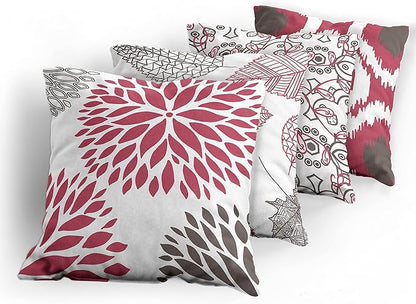 Ambesonne Vintage Throw Pillow Cushion Case Pack of 4, Bohemian Ornamental Leaves Dahlia Pattern Geometric Art Curlicue Motif, Modern Accent Double-Sided Digital Printing, 16", Raspberry Taupe White
