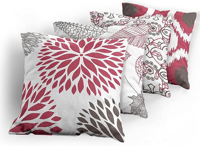 Ambesonne Vintage Throw Pillow Cushion Case Pack of 4, Bohemian Ornamental Leaves Dahlia Pattern Geometric Art Curlicue Motif, Modern Accent Double-Sided Digital Printing, 24", Raspberry Taupe White
