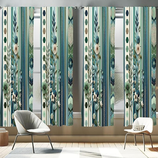 Ambesonne Bohemian Window Curtains Pack of 2, Hexagons Floral Botany Art in Cold Colors Ocean and Nature Tones, Lightweight Set with Rod Pocket, 4 Panels of - 28" x 95", Teal Green and Sea Blue