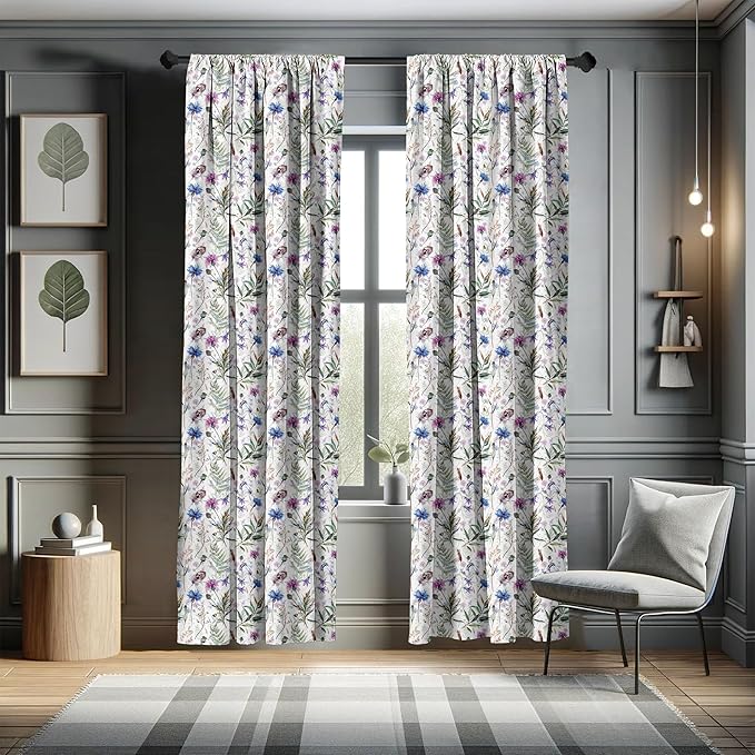 Ambesonne Thistle Window Curtains, Hand-Drawn Watercolor Style Summer Wildflowers Pattern as Cornflower and Thistle, Lightweight Decor 2-Panel Set with Rod Pocket, Pair of - 28" x 63", Green Blue