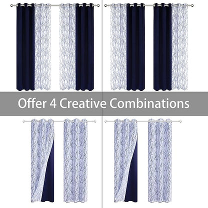 BONZER Mix and Match Curtains - 2 Pieces Branch Print Sheer Curtains and 2 Pieces Blackout Curtains for Bedroom Living Room Grommet Window Drapes, 37x63 Inch/Panel, Indigo, Set of 4 Panels