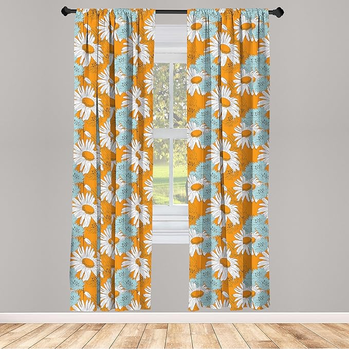 Ambesonne Orange Window Curtains, Blooming Spring Daisies on Orange Backdrop Romantic Feminine Petals, Lightweight Decorative Panels Set of 2 with Rod Pocket, Pair of - 28" x 95", Blue Orange