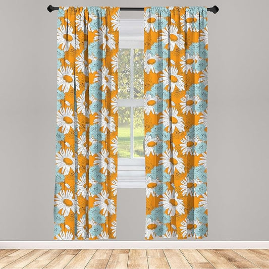 Ambesonne Orange Window Curtains, Blooming Spring Daisies on Orange Backdrop Romantic Feminine Petals, Lightweight Decorative Panels Set of 2 with Rod Pocket, Pair of - 28" x 84", Blue Orange