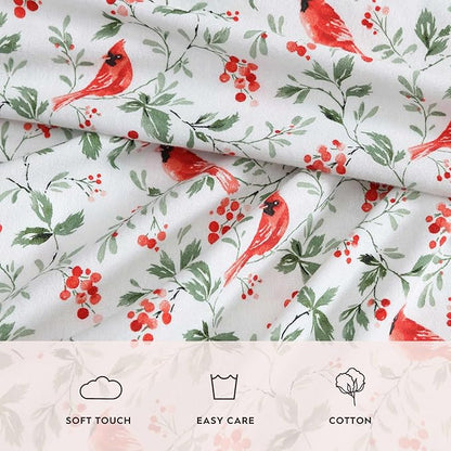 Laura Ashley - Flannel Sheets Full Size, Anti-Pilling & Wrinkle Resistant Cotton, Touchably Soft for All-Season Comfort - Bed Sheets with Matching Pillowcases & Fitted Sheet (Jolly Cardinals Green)
