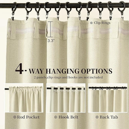KangBang 102 Inches Long Cream Blackout Linen Curtains, Back Tab Rod Pocket Pleated UV Protection Curtains for Bedroom, Aesthetic Viral Drapes 2 Panels for Hotel Office,52x102