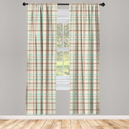 Ambesonne Plaid Window Curtains, Scottish Country Style Tartan with Abstract Design Diagonal Striped Lines, Lightweight Decor 2-Panel Set with Rod Pocket, Pair of - 28" x 84", Mint Green