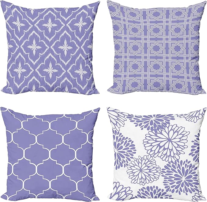Ambesonne Vintage Throw Pillow Cushion Case Pack of 4, Monochrome Design Grid Trellis Quatrefoil Mesh and Dahlia Flowers Modern Print, Modern Accent Double-Sided Digital Printing, 16", Lavender White