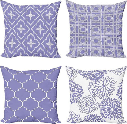 Ambesonne Vintage Throw Pillow Cushion Case Pack of 4, Monochrome Design Grid Trellis Quatrefoil Mesh and Dahlia Flowers Modern Print, Modern Accent Double-Sided Digital Printing, 24", Lavender White