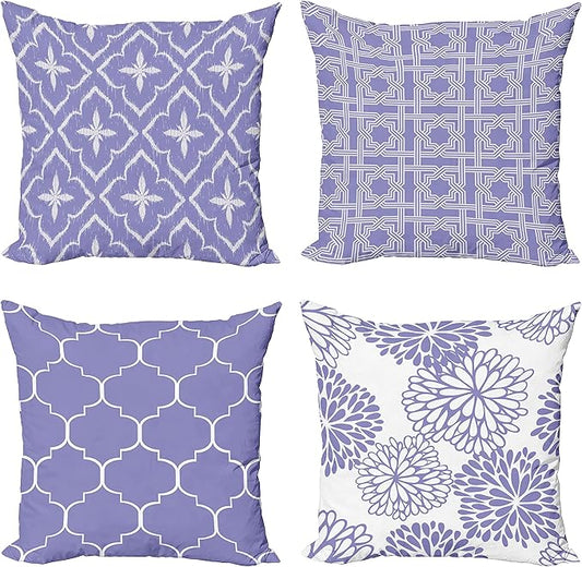 Ambesonne Vintage Throw Pillow Cushion Case Pack of 4, Monochrome Design Grid Trellis Quatrefoil Mesh and Dahlia Flowers Modern Print, Modern Accent Double-Sided Digital Printing, 18", Lavender White