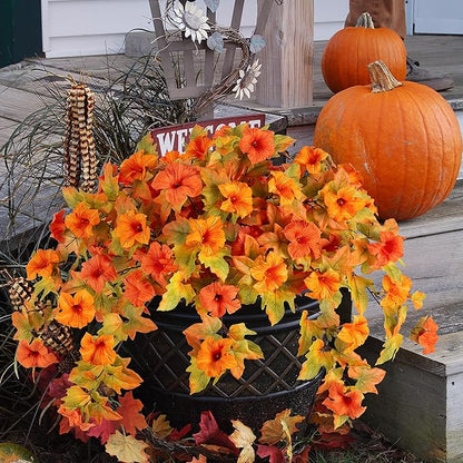 Artificial Fall Flowers Fake Petunias Plants for Outdoor Decoration, 2 Pcs Silk Faux Flowers UV Resistant No Fade Plants for Outside Garden Balcony Yard Porch Realistic Indoor Decor (Orange)