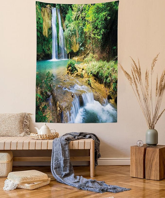 Lunarable Nature Tapestry King Size, Green Forest Waterfall and River Pool Pond Water Source Earth Landscape, Wall Hanging Bedspread Bed Cover Wall Decor, 30" X 45", Pale Brown and Green