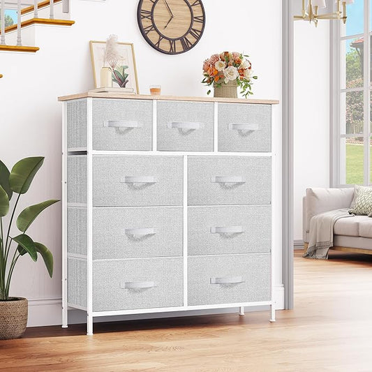 YITAHOME 9 Drawer Dresser, Light Gray Fabric Storage Tower, Tall Organizer Unit for Room, Living Room, Hallway, Closets - Sturdy Steel Frame, Wooden Top & Easy Pull Bins