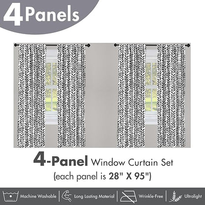 Ambesonne Black and White Window Curtains Pack of 2, Modern Grunge Botany Motif Monochrome Brush Paint Style Strokes, Lightweight Set with Rod Pocket, 4 Panels of - 28" x 95", White and Black