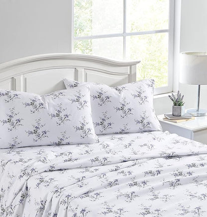 Laura Ashley - Flannel Sheets Full Size, Anti-Pilling & Wrinkle Resistant Cotton, Touchably Soft for All-Season Comfort - Bed Sheets with Matching Pillowcases & Fitted Sheet (Jessika Lavender)