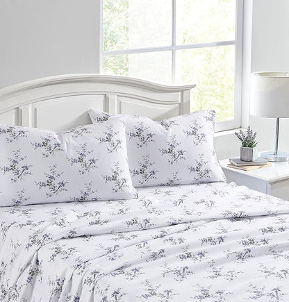 Laura Ashley - Flannel Sheets Queen Size, Anti-Pilling & Wrinkle Resistant Cotton, Touchably Soft for All-Season Comfort - Bed Sheets with Matching Pillowcases & Fitted Sheet (Jessika Lavender)