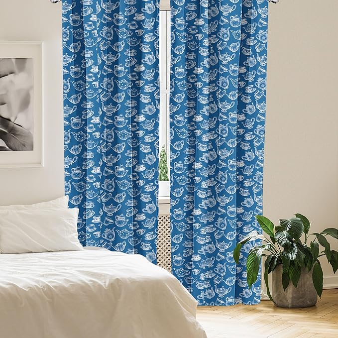Ambesonne Teapot Window Curtains, Rhythmic Engraving Sketch Style Dotted Pots Tea Vintage Cups Pattern, Lightweight Decor 2-Panel Set with Rod Pocket, Pair of - 28" x 84", Cobalt Blue and White