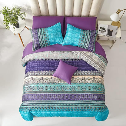 Cottolester Boho Comforter Set Full Size 8 Piece Bed in a Bag Bohemian Striped Bedding Quilt Set Aqua Paisley Floral Comforter and Sheet Set,Soft Microfiber Complete Bedding Sets for All Season