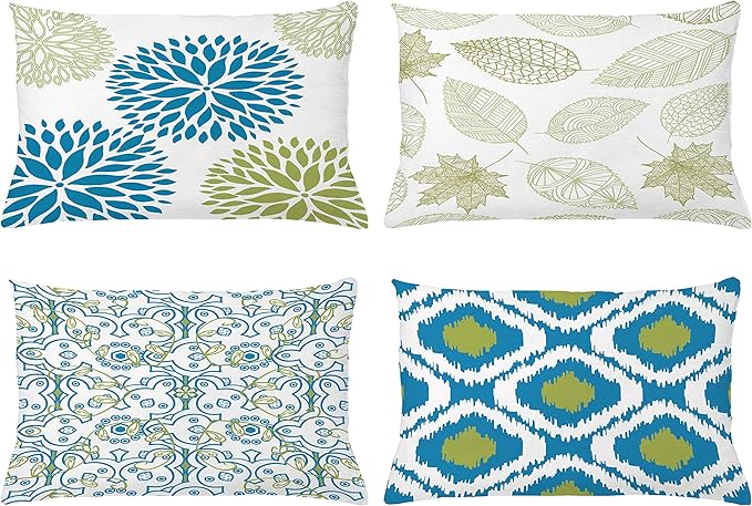 Ambesonne Vintage Throw Pillow CushiCase Pack 4, Bohemian Ornamental Leaves Dahlia Pattern Geometric Art Curlicue Motif, Modern Accent Double-Sided Digital Printing, 20" x 12", Blue Olive Green White
