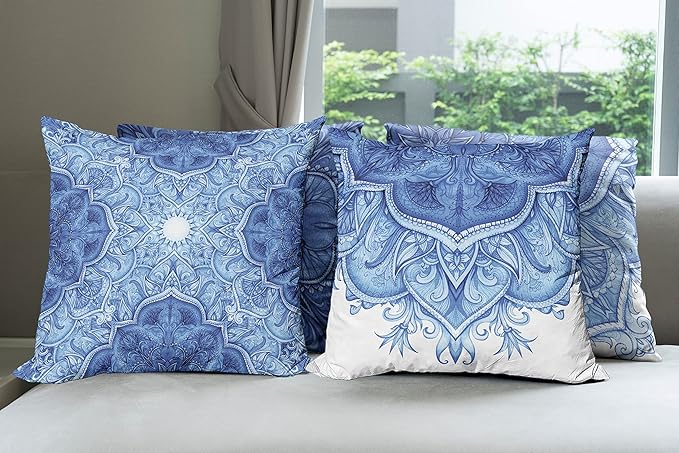 Ambesonne Ethnic Throw Pillow Cushion Case Pack of 4, Mandala Inspired Folk Art Themed Creative Motifs Mosaic Like Illustration Print, Modern Accent Double-Sided Digital Printing, 18", Blue White