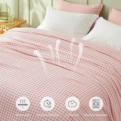 Bedsure Cooling Cotton Waffle King Size Blanket - Lightweight Breathable Blanket of Rayon Derived from Bamboo for Hot Sleepers, Luxury Throws for Bed, Couch and Sofa, Pink, 104x90 Inches
