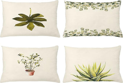 Ambesonne Botanical Throw Pillow Cushion Case Pack of 4, Minimalist Watercolor Painting Leaves Agave Branches Plant in a Pot, Modern Accent Double-Sided Printing, 20" x 12", Fawn Pale Green White