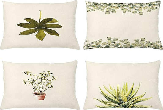 Ambesonne Botanical Throw Pillow Cushion Case Pack of 4, Minimalist Watercolor Painting Leaves Agave Branches Plant in a Pot, Modern Accent Double-Sided Printing, 20" x 12", Fawn Pale Green White