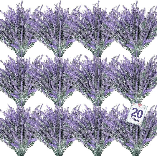 TURNMEON 20 Bundles Artificial Lavender Flowers for Outdoors, UV Resistant Fake Plants Artificial Plastic Faux Plants for Home Window Box Planter Porch Gardens Cemetery Summer Decor(Gray Purple)