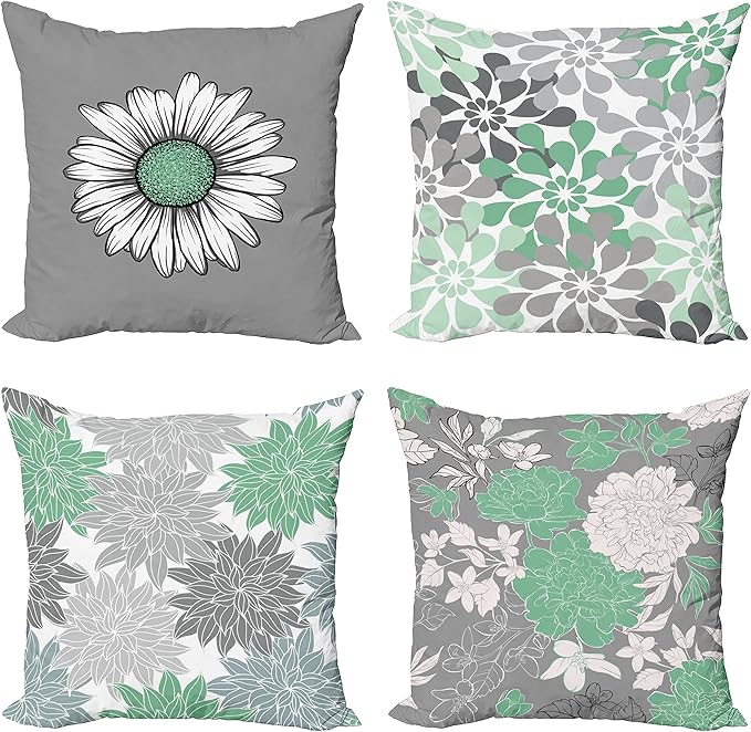 Ambesonne Floral Throw Pillow Cushion Case Pack of 4, Flower Petals Modern Color Palette Chamomile Peony Dahlia and Sunflower Print, Modern Accent Double-Sided Digital Printing, 20", Sea Green Grey