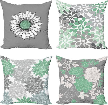 Ambesonne Floral Throw Pillow Cushion Case Pack of 4, Flower Petals Modern Color Palette Chamomile Peony Dahlia and Sunflower Print, Modern Accent Double-Sided Digital Printing, 20", Sea Green Grey
